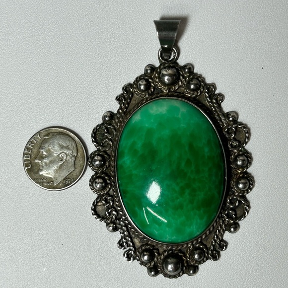 Vintage Large Signed Mexico Taxco Sterling Silver 925 Green Agate Stone - Picture 5 of 7